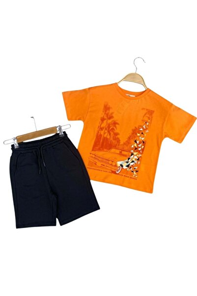wakawakakidsstore Комплект за момче от тениска и черни шорти Palm Tree Orange...