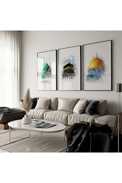 Hayyart Aksa, Kabe, Mescidi Nebevi Ahşap Çerçeveli Minimalist 3'lü Islami Tab...