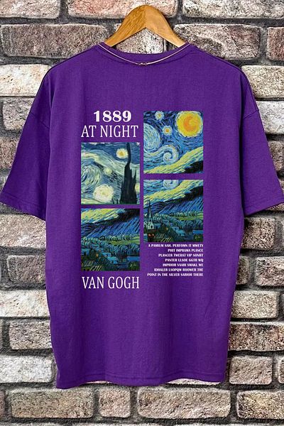 memowear Μωβ μπλουζάκι Unisex 1889 Vangogh με εμπριμέ χαλαρή εφαρμογή