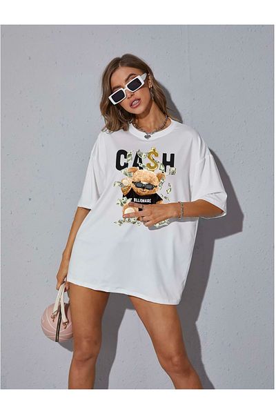 memowear Tricou alb unisex cu imprimeu Cash Bear, cu croiala relaxata