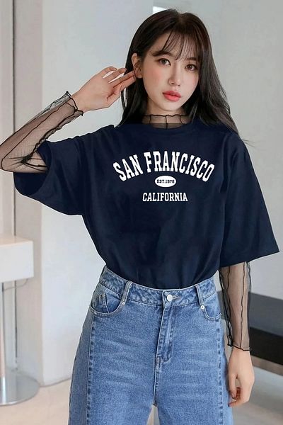 yueswear Unisex San Francisco Printed Relaxed Cut Navy Blue T-Shirt