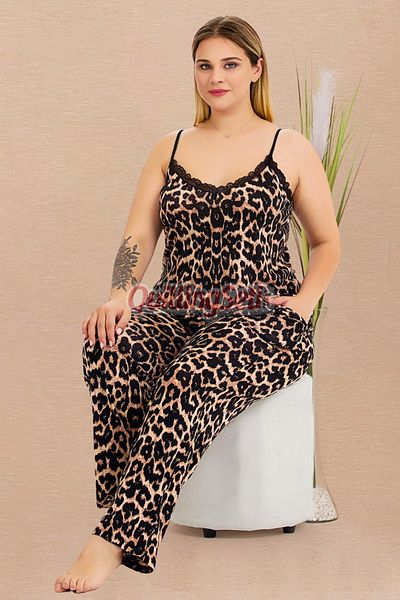 quilling Black Color and Leopard Pattern 11026 Women's Large Size Mother's Pajama Set with Straps
