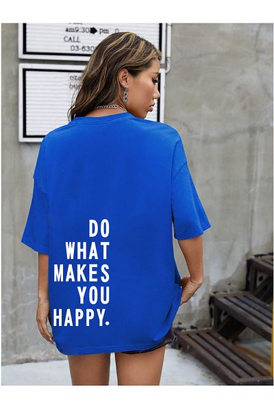 halowear Unisex Do What Makes You Happy Μπλουζάκι με εμπριμέ χαλαρή εφαρμογή Sax-Blue