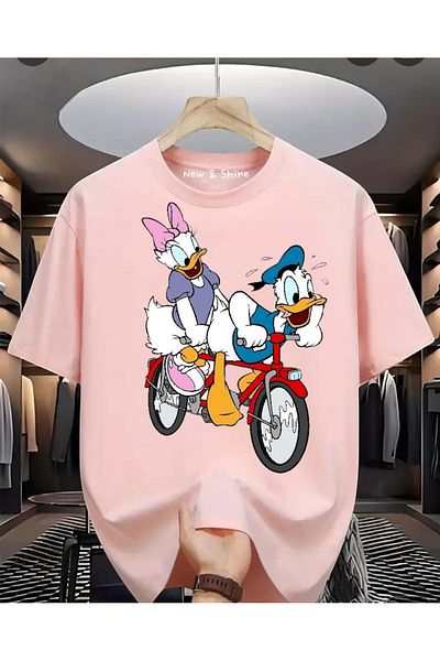 New Shine Daisy Donald Duck on a Bicycle Printed Large Size Oversize T-Shirt