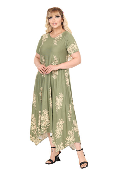 MELSAY Women's Short Sleeve Asymmetrical Khaki Panel Pattern Large Size Dress