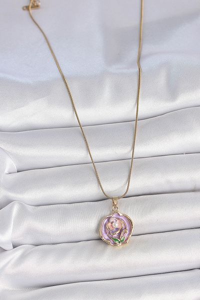 Skygo 316L Steel Gold Color Chain Purple Colorful Flower Embroidered Pearl Detail Portrait Model Women's Necklace - Tj-Bko10