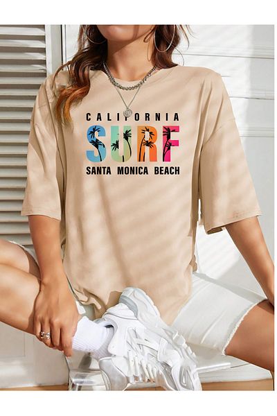 halowear Μπλουζάκι Unisex SURF με εμπριμέ χαλαρή εφαρμογή μπεζ