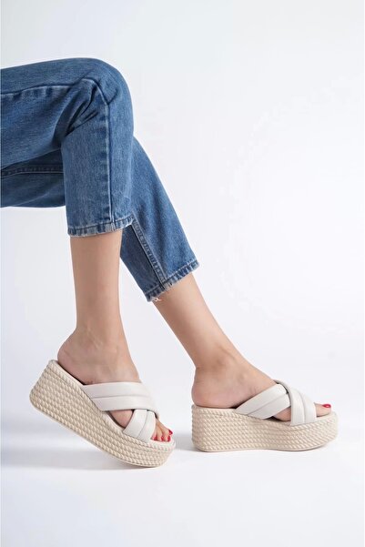 COCCO CROSS Joymix Wedge Heeled Orthopedic Sole Straw Look Women's Slippers Kt - Cream