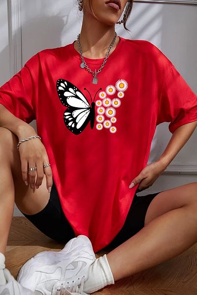 ciwi&life Unisex Daisy Butterfly Printed Relaxed Cut Red T-Shirt