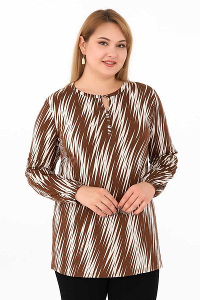 ÖZNUR GÖZÜBEK Women's Clothing Mother's Day Gift Brown Striped Long Sleeve Combed Cotton