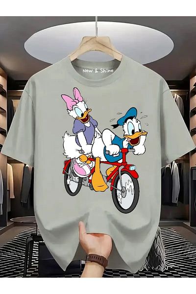 New Shine Daisy Donald Duck on a Bicycle Printed Large Size Oversize T-Shirt