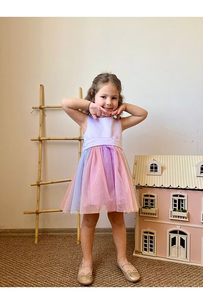 penu baby kids Lilac Top Sleeveless Satin Square Collar Colorful Skirt Bow Girl's Baby Girl Dress