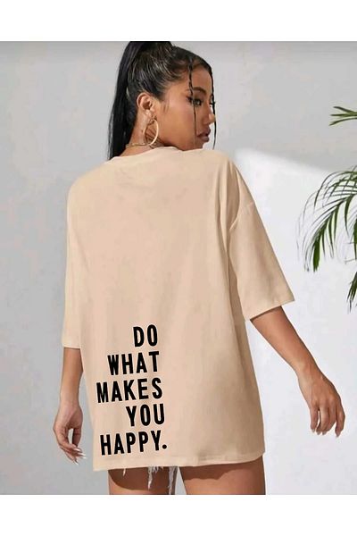 qavnas Unisex Do What Makes You Happy Μπλουζάκι με εμπριμέ χαλαρή εφαρμογή μπεζ