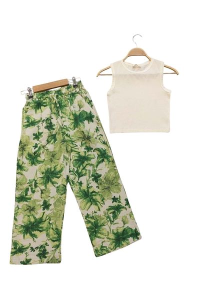 wakawakakidsstore Set pentru fete cu model de frunze verzi, crop top cu bretele albe și pantaloni largi - verde