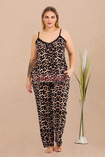 quilling Black Color and Leopard Pattern 11026 Women's Large Size Mother's Pajama Set with Straps