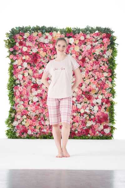 Lio20 Set de pijamale cu mânecă scurtă din viscoză în carouri pentru femei-Capri-Somon