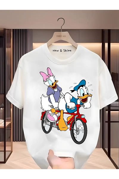 New Shine Daisy Donald Duck on a Bicycle Printed Large Size Oversize T-Shirt