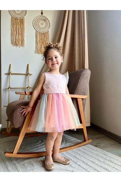 penu baby kids Salmon Top Sleeveless Satin Square Collar Colorful Skirt Bow Girl's Baby Girl Dress