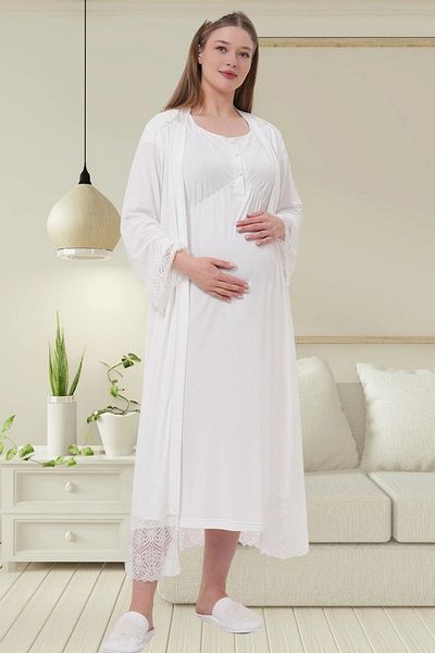 Mecit Pijama Maternity Maternity Lace Short Sleeve Dressing Gown Nightgown Set of 2 75% Cotton 25% Viscose