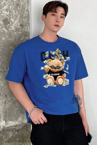 yueswear Μπλουζάκι Unisex Cash Bear με χαλαρή εφαρμογή Sax-Blue