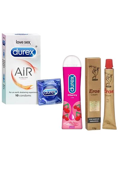 Durex Extra Thin Condoms 10pcs Cherry Flavoured Lube 50ml Eros Cream 15g – Intimacy Combo Set