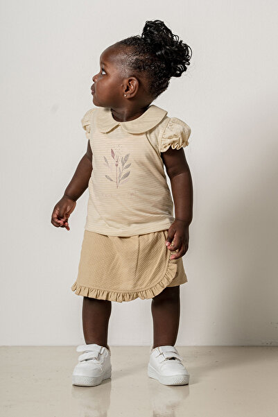 bombe Baby Kids Beige Bebe Collar Cotton Shorts Set of 2 Trend Fashion Bottom Top Set