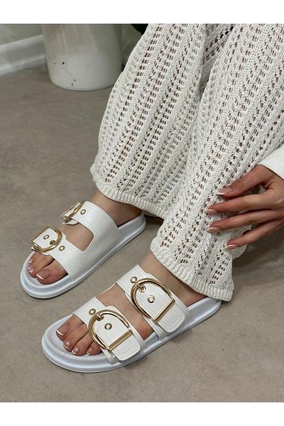 ERVANIN BUTİĞİ White Skin (Keira) Double Buckle Women's Slippers