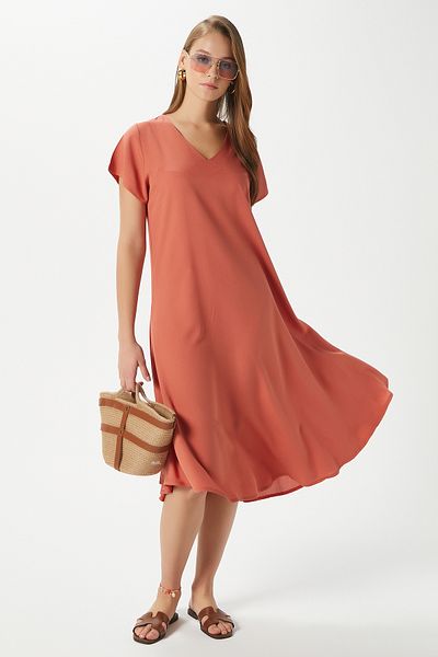 Ritnice Women's Luisa Orange Midi Length Bell-Cut Cotton Dress