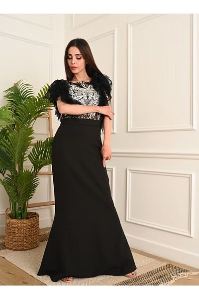 FULLJOY Elegant long dress with a drawing on the chest and short tulle sleeves, black