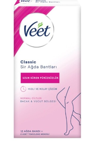 Veet Classic Sir Ağda Bantları Tüm Ciltler Bacak & Vücut 12 Adet Bant + 2 Adet Temizlik Mendili