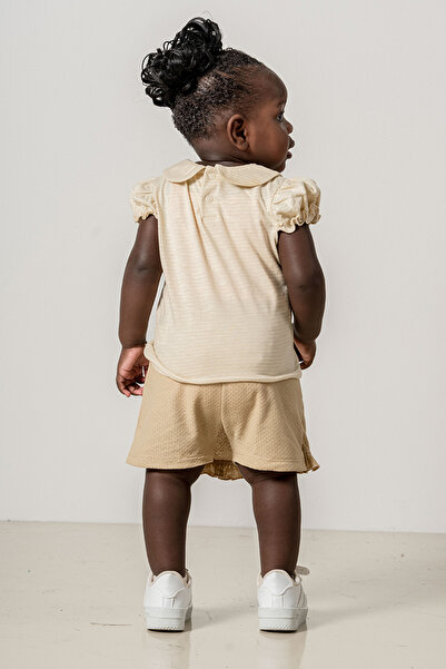 bombe Baby Kids Beige Bebe Collar Cotton Shorts Set of 2 Trend Fashion Bottom Top Set