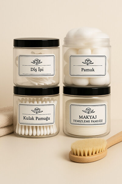 Dem Home Set de 4 borcane din plastic cu aspect de sticlă transparentă, cu capac negru, pentru ață dentară-bumbac-bumbac pentru urechi-machiaj Tm