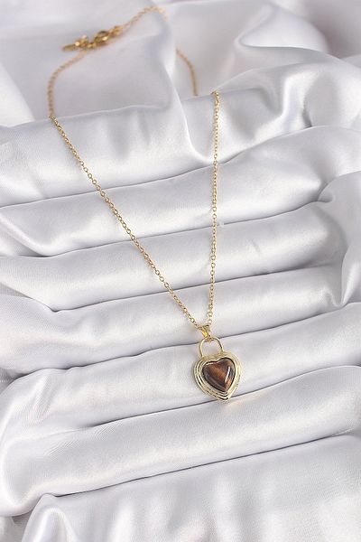 Skygo 316L Steel Gold Color Chain Lock Heart Amber Bead Model Women's Necklace - Tj-Bko9496