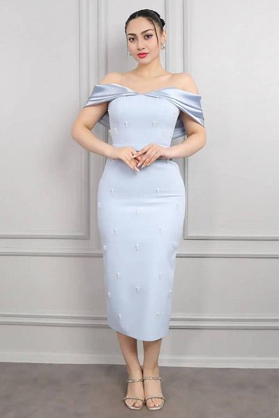 ZISHAN Rochie de seară de lux Baby Blue – Rochie creion cu umăr brodat cu piatră Eveniment special Eleganță 405