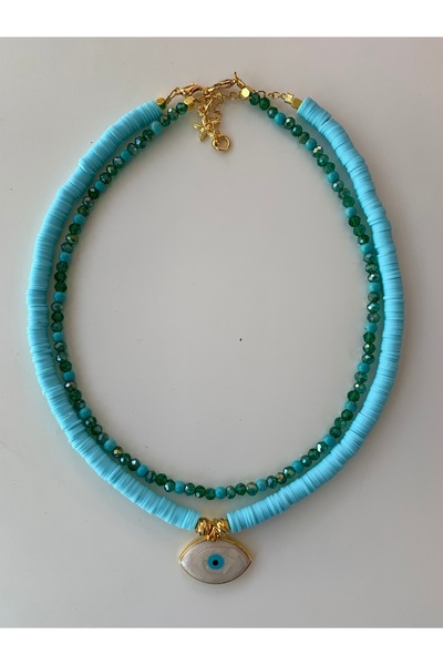 DEAR HOME Mavi boncuk ve fimo gold detaylı kolye