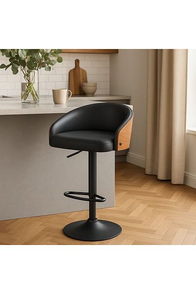 MARIA HOMES Modern Adjustable Swivel Bar Stool with Black Faux Leather and Wood Accent for Kitchen Use