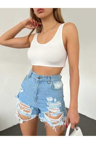 Zeliza Moda Evi Lazer Yırtık Detaylı Mini Kadın Kot Denim Şort