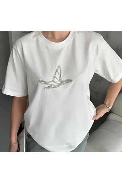 Nura Francy Women's White Cotton Stone Detail T-Shirt Bluz Oversize Fit