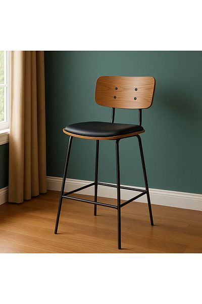 MARIA HOMES Mid-Century Modern Bar Stool with Wooden Backrest and Black Metal Legs – Stylish Seating Solution