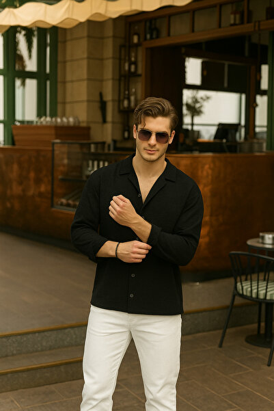 SKYBEAR Yazlık Keten Bol Kalıp Uzun Kollu Dokulu Oversize Siyah Erkek Gömlek