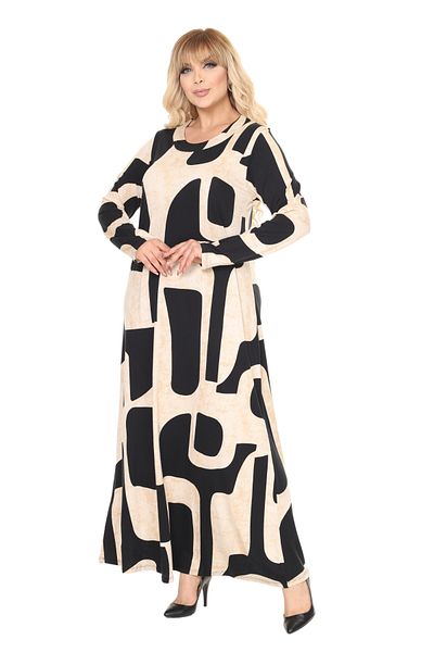 MELSAY Women's Plus Size Beige Picasso Pattern Long Sleeve Hijab Dress