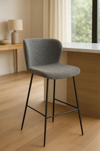 MARIA HOMES Modern Upholstered Bar Stool with Backrest and Black Metal Legs – Grey Fabric Finish