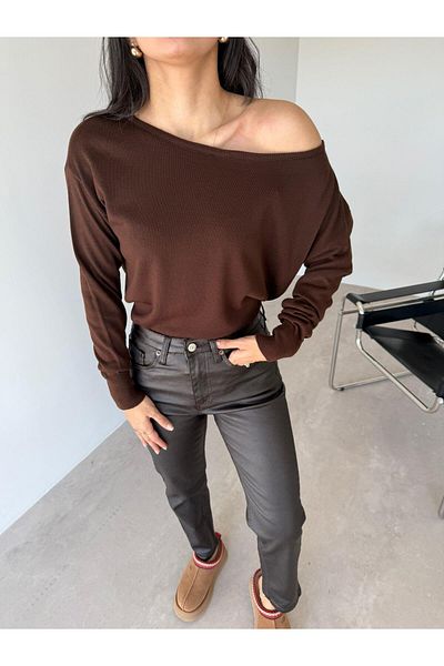 Bade Butik Кафява плетена блуза с яка тип „лодка“