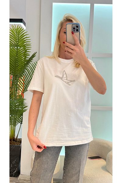 Nura Francy Women's White Cotton Stone Detail T-Shirt Bluz Oversize Fit