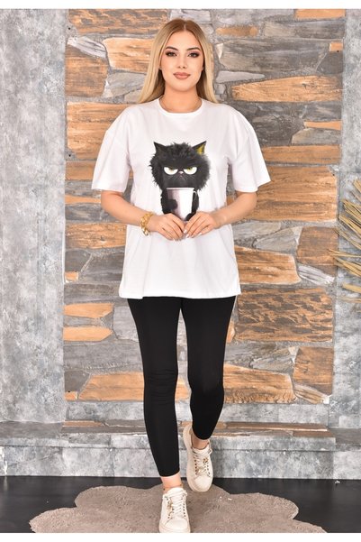 GEZEGENX Kedi Baskılı Oversize Kadın T-Shirt Bisiklet Yaka