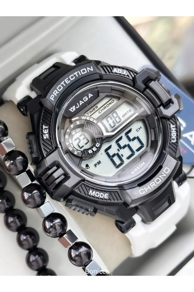 Jaga 50 MM Havuz Deniz Kullanım,Işıklı,Takvimli,Kronometreli Beyaz Silikon Dijital SPOR Erkek Kol Saatii
