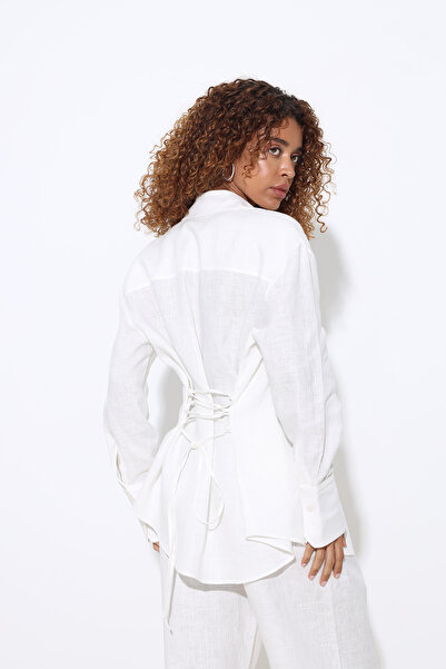 Mozto Vera Back Laced 100% Linen Oversize Shirt