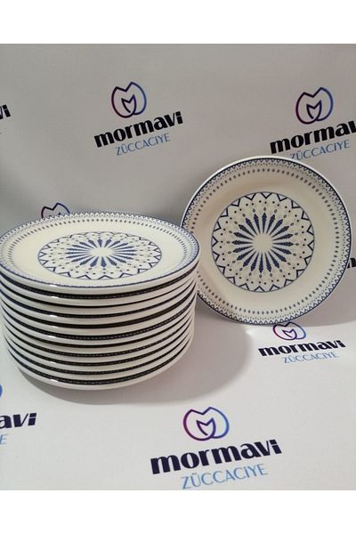 Güral Güral Porcelain Digibone - 20 cm Blue and White, 12 Piece Cake Plates