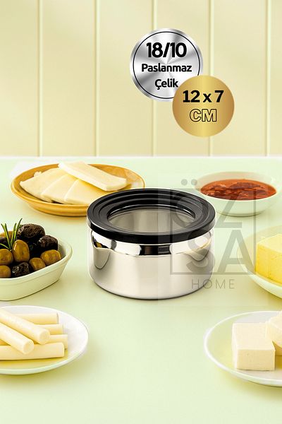 ÖzSa Home 18/10 Stainless Steel 12cm Storage Container Vacuum Storage Container with Lid Transparent Lid Bowl