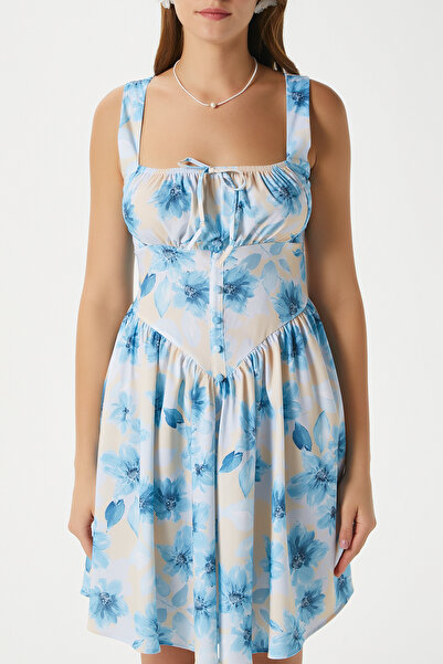 Ritnice Kadın Karoline Sırt Lastikli Askılı Mavi Sarı Elbise 00019